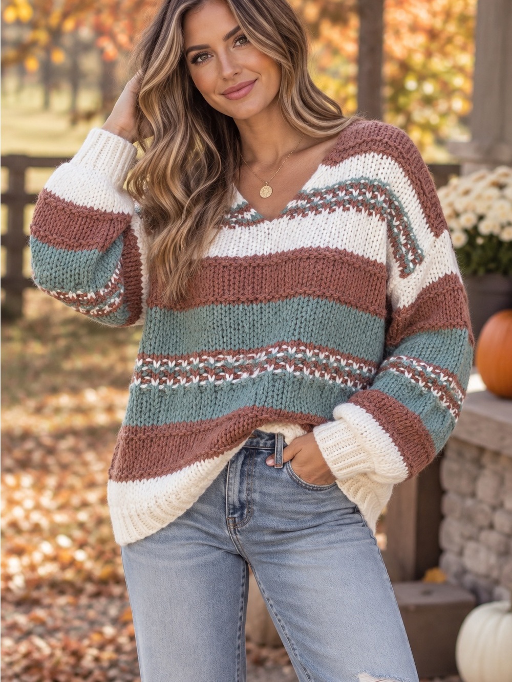 Lumiere Chunky Striped V-Neck Sweater in Cream, Rust & Teal